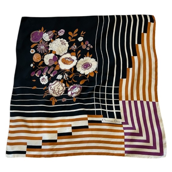 Dior Black and Gold Silk Floral Scarf 30x30 - Picture 2 of 5